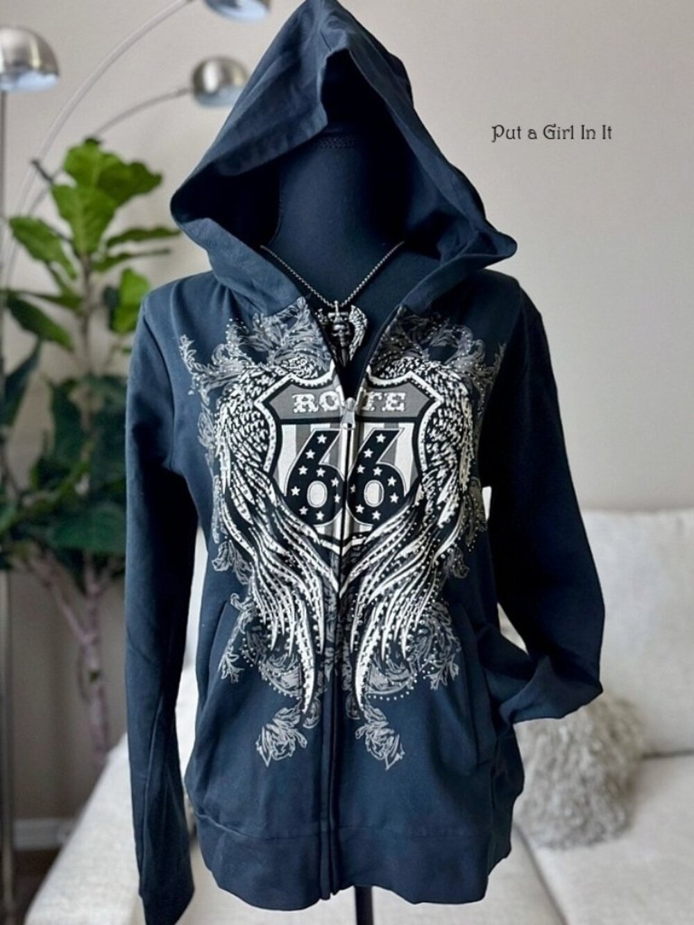 New Women's Black Crystal Studded Monochrome Route 66 Hoodie Jacket L Large